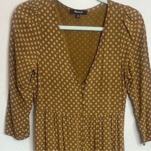 Madewell Mustard Floral Midi Dress Tiered Long Sleeve Prairie Boho Size 00